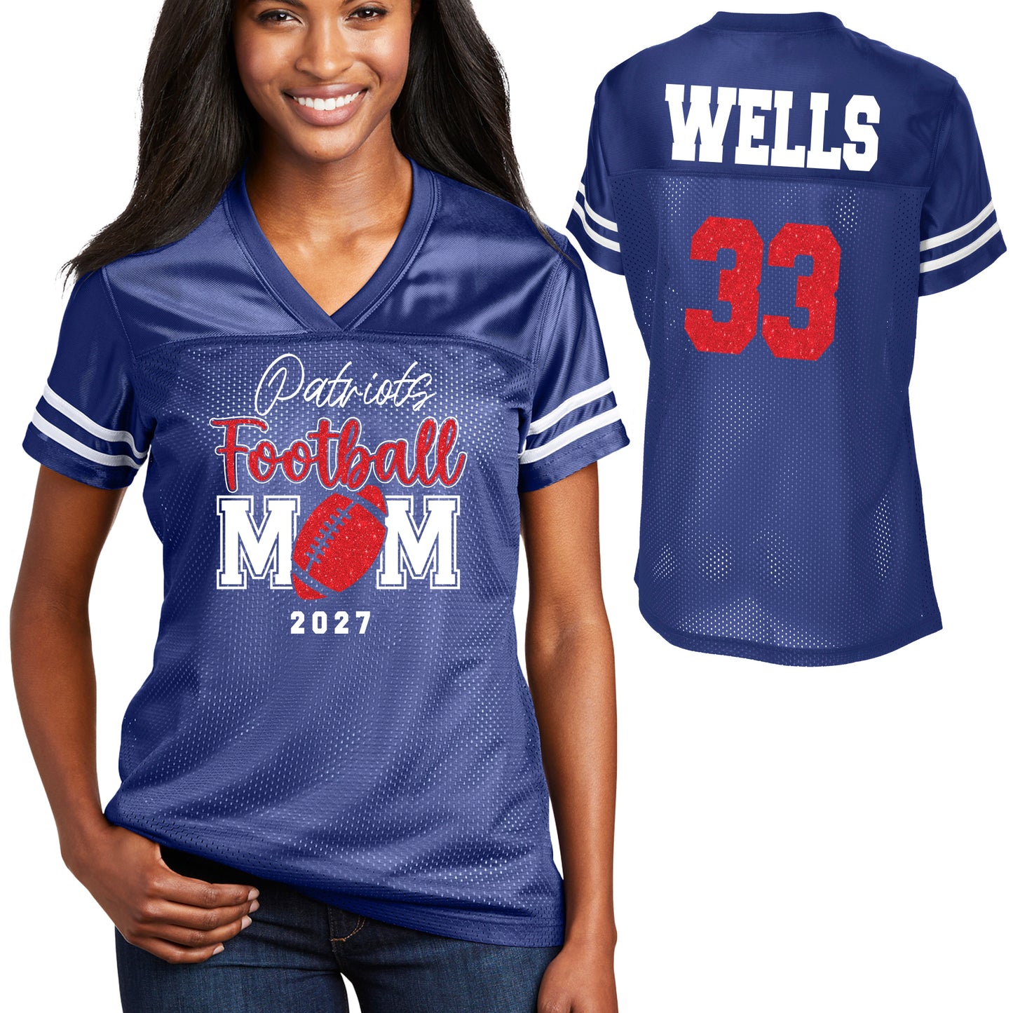 Patriots Football Mom Glitter Team Design Women's Royal Sport-Tek Replica Football Jersey - LST307