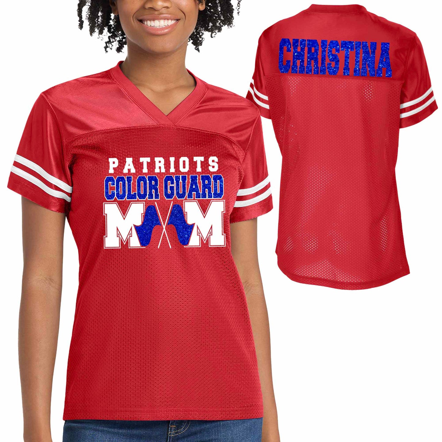 Patriots Color Guard Mom Glitter Team Design Women's Royal Sport-Tek Replica Football Jersey - LST307