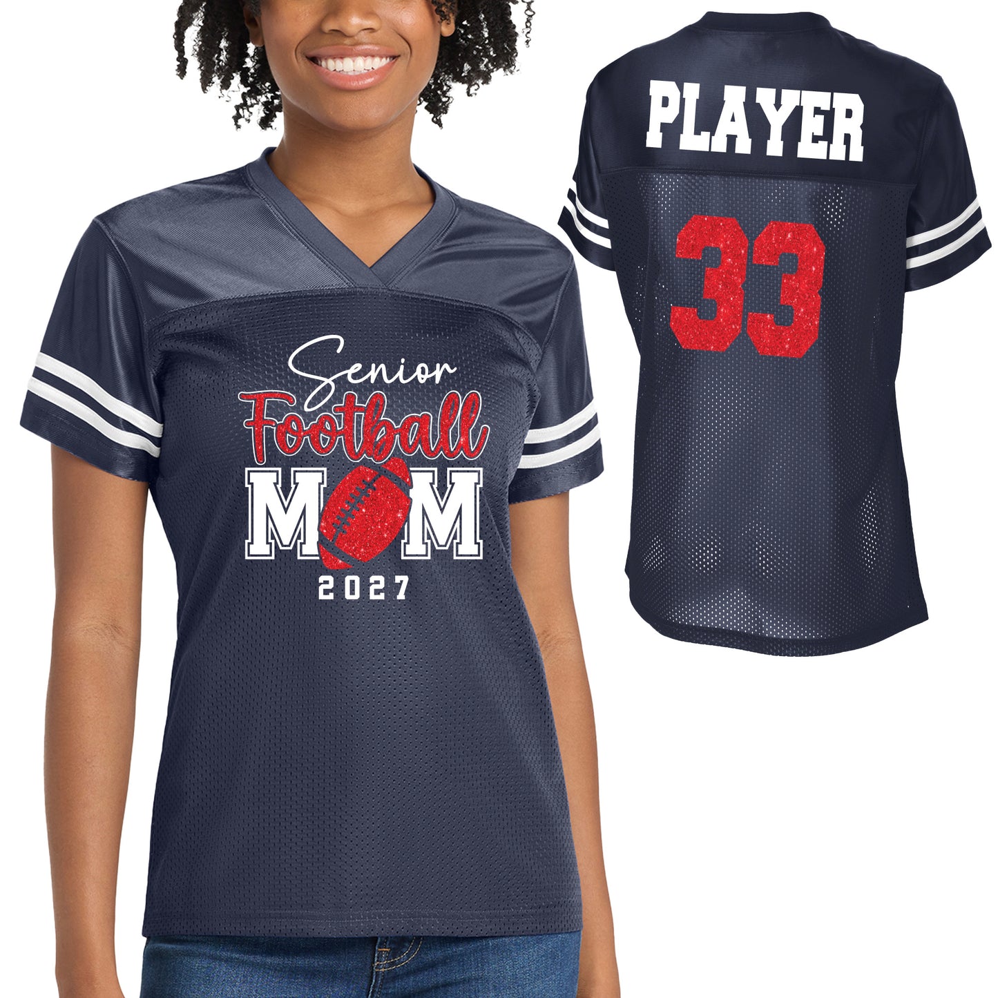 Senior Patriots Football Mom Team Design Women's Navy Sport-Tek Replica Football Jersey - LST307