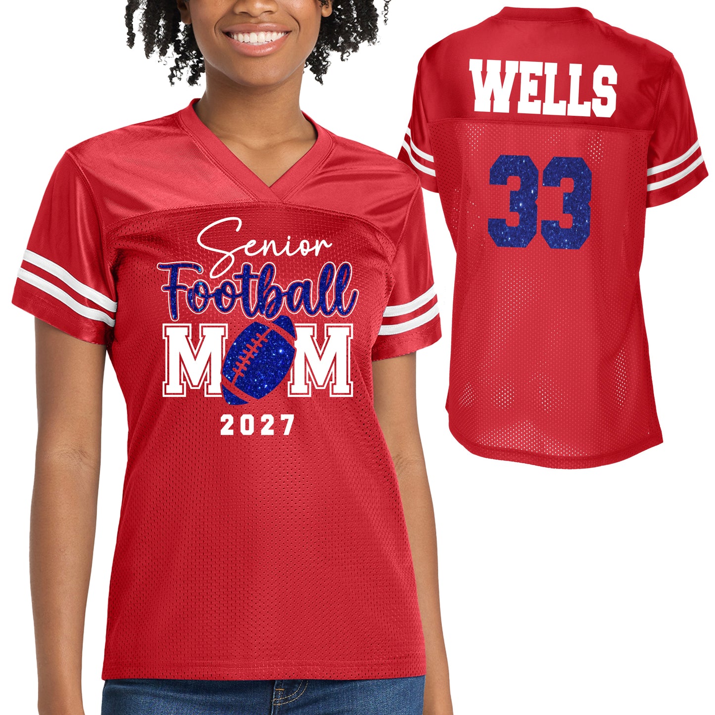 Senior Patriots Football Mom Glitter Team Design Women's Red Sport-Tek Replica Football Jersey - LST307