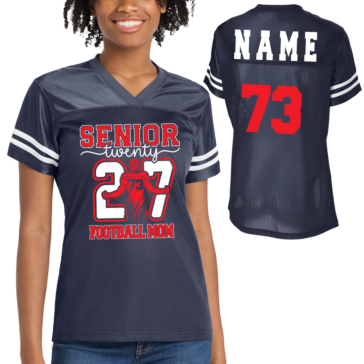 Senior Patriots Football Mom Team Design Women's Navy Sport-Tek Replica Football Jersey - LST307