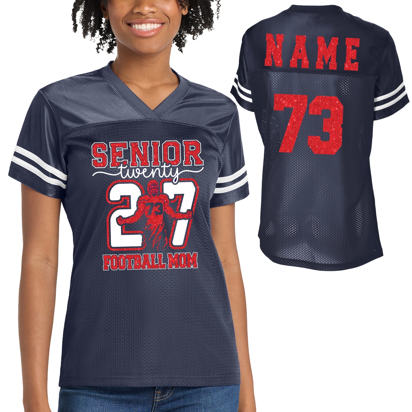 Senior Patriots Football Mom Glitter Team Design Women's Navy Sport-Tek Replica Football Jersey - LST307
