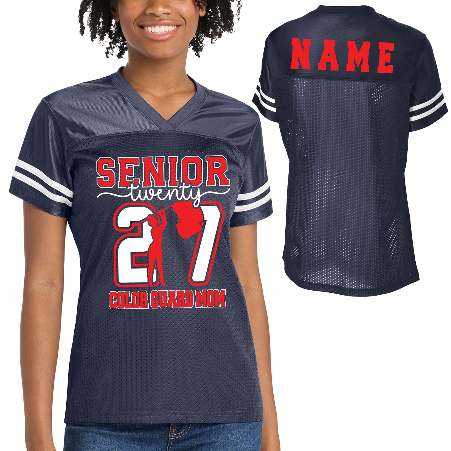 Senior Patriots Color Guard Mom Team Design Women's Navy Sport-Tek Replica Football Jersey - LST307