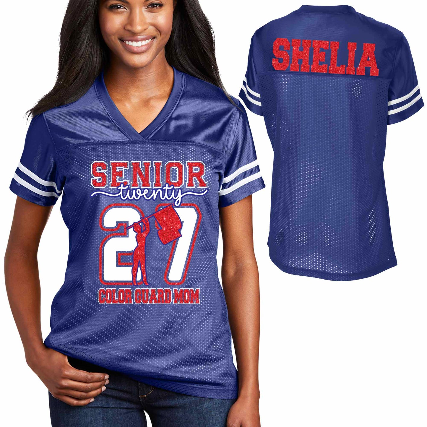 Patriots Senior Color Guard Mom Glitter Team Design Women's Royal Sport-Tek Replica Football Jersey - LST307
