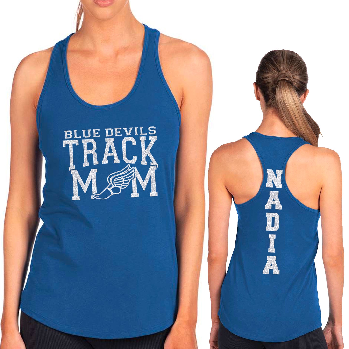 Custom Track Mom Glitter Deisgn Next Level Fitted Racerback Tank Top - 1533