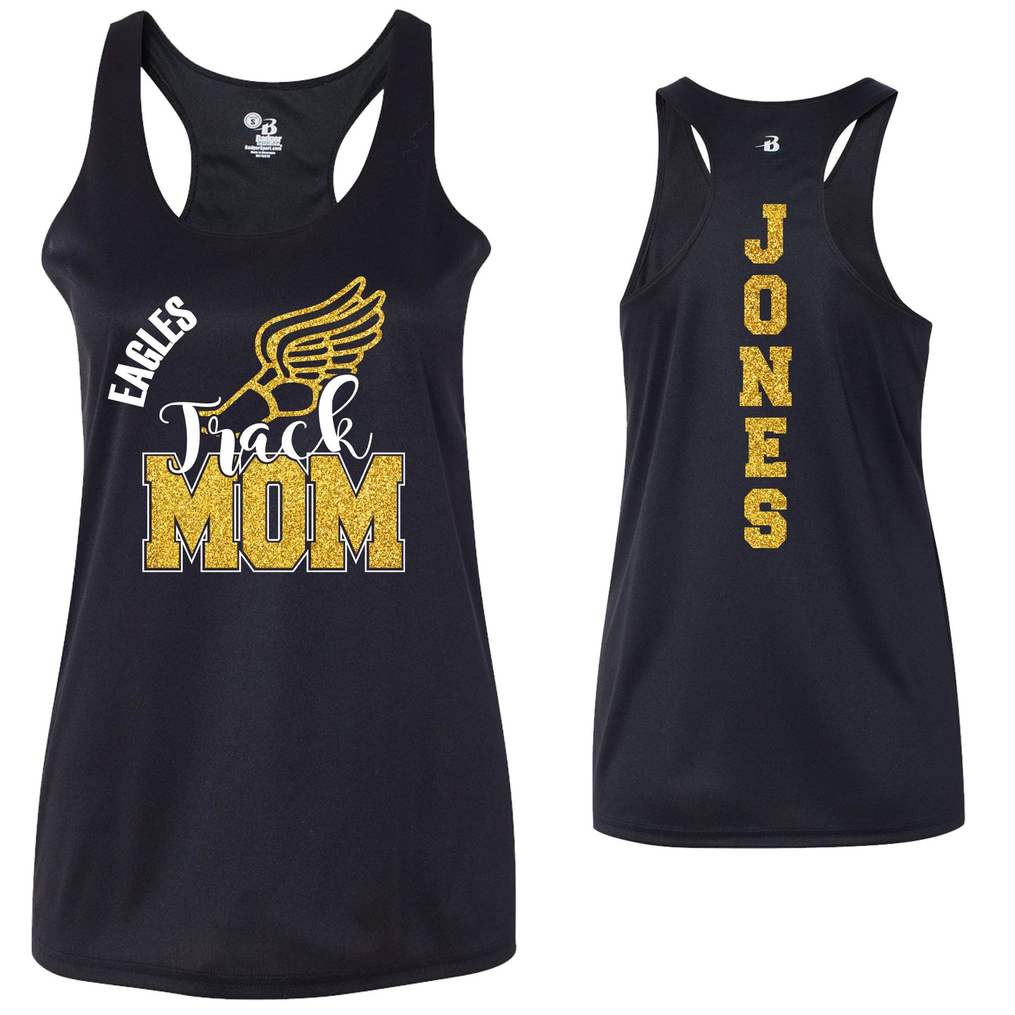 Custom Track and Field Mom Glitter Design Badger DRI FIT Racerback Tank Top - 4166